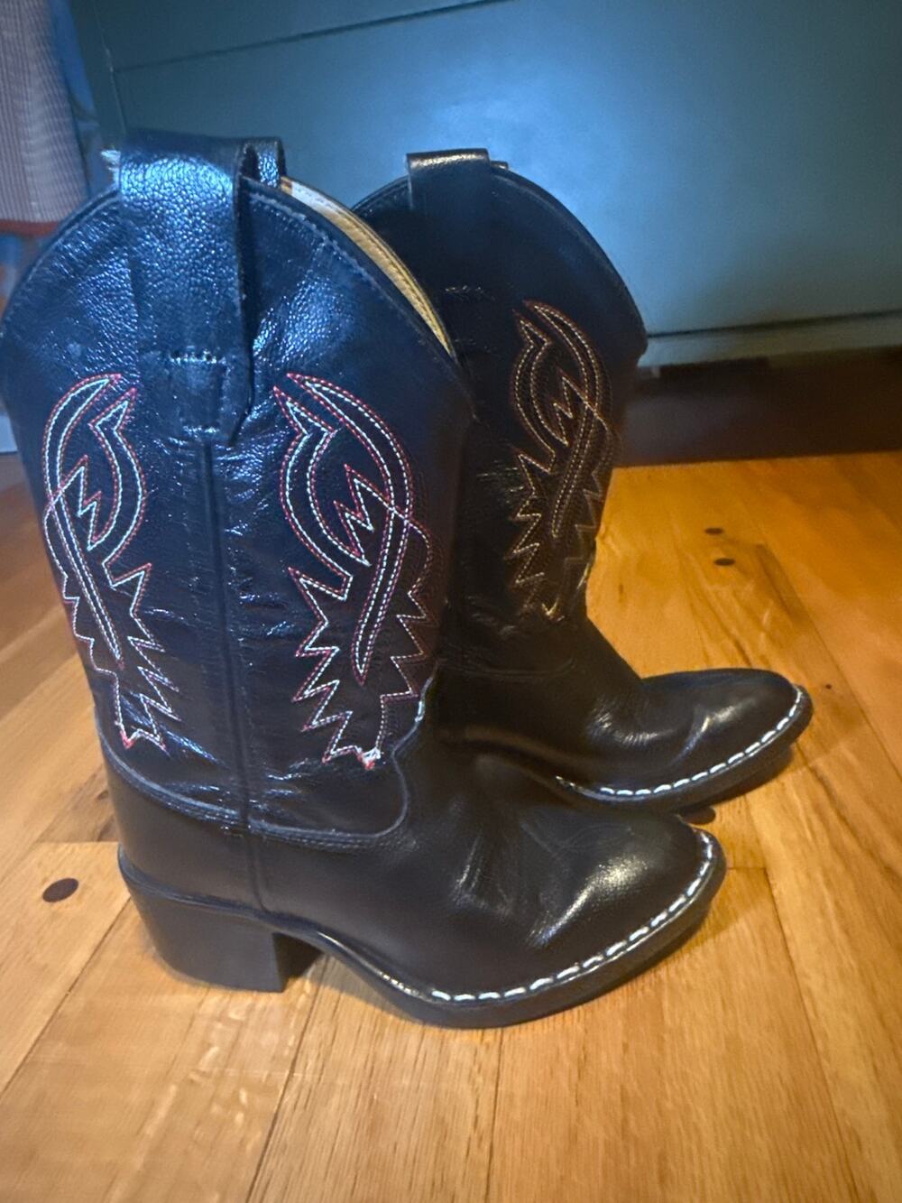 Old West 8110 Kids Sz 12 Black Leather Cowboy Western Boots Embroidered